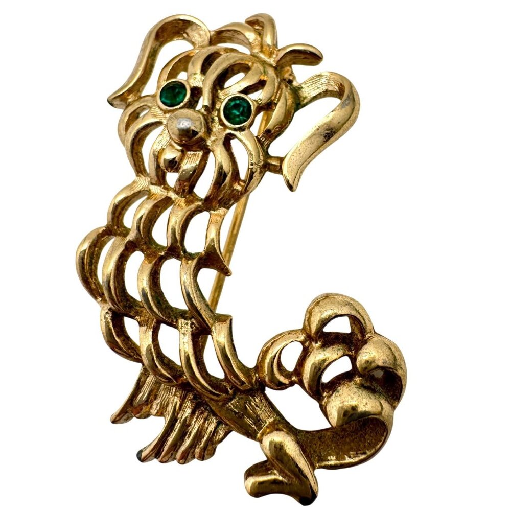 Avon 1972 Pekingese Dog Brooch Gold Tone With Green Rhinestone Eyes Vintage Pin